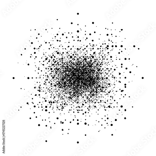Scattered black dots and lines create a dense, textured cloud on a white background with varying sizes
