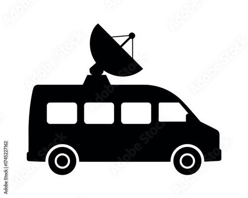 Graphic Icon of a Media Van Equipped with a Satellite Dish for Mobile News and Broadcast Communication