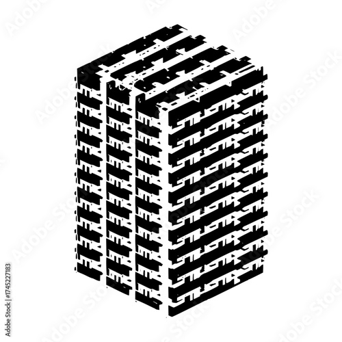 Isometric view of a tall building with horizontal lines in black and white artistic representation