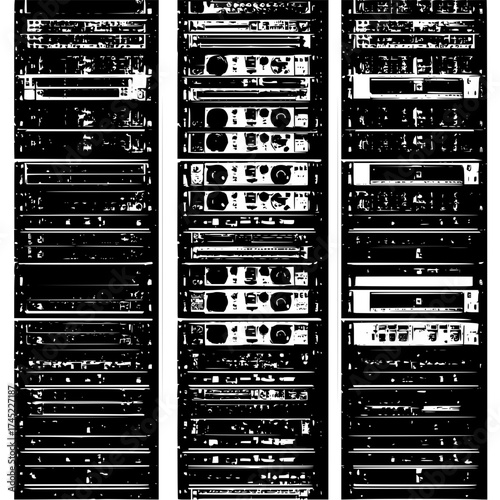 Close up view of three server racks filled with electronic equipment in a black and white rendering