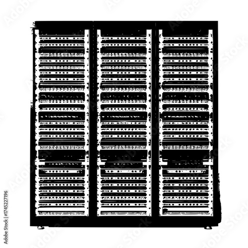 Illustration of a black server rack with multiple shelves and visible hardware components in a data center
