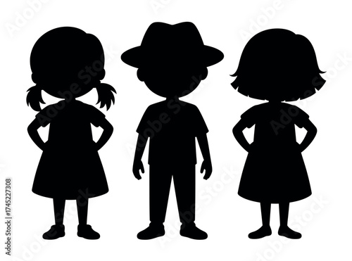 Group of Black Silhouettes of Children Standing Together