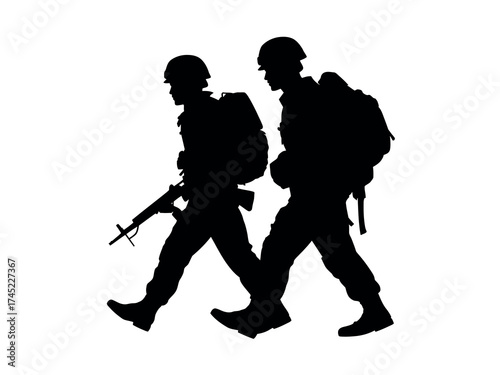 Two Soldiers Walking Silhouettes Carrying Backpacks and Rifles