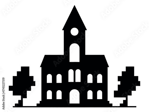 Pixelated Silhouette of a Historic Building with Two Trees on a White Background