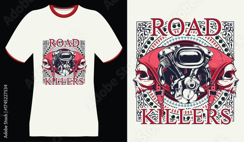 Road Killers T-Shirt Design: Motorcycle Engine, Skulls, and Ornate Border