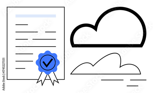 Certified document with a blue seal and check mark next to cloud designs. Ideal for education, technology, digital storage, data security, cloud services, certification, validation. Clean flat