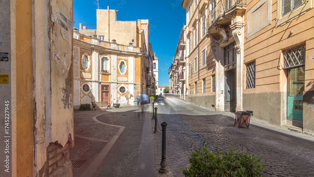 Obraz premium Typical medieval narrow street in beautiful town of Albano Laziale timelapse hyperlapse, Italy
