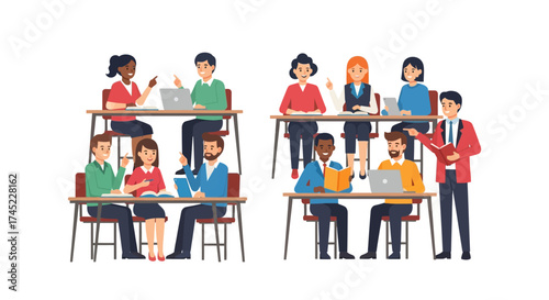 Diverse groups of students or colleagues working together at desks.