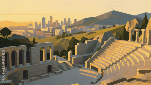 Illustration Of An Ancient Roman Theatre With A Modern City In The Background And A Rocky Hill Vector Design Template