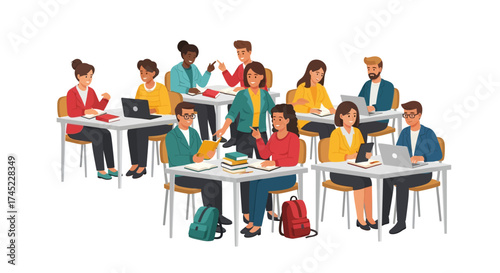 Diverse group of students in a classroom setting, engaged in learning activities.