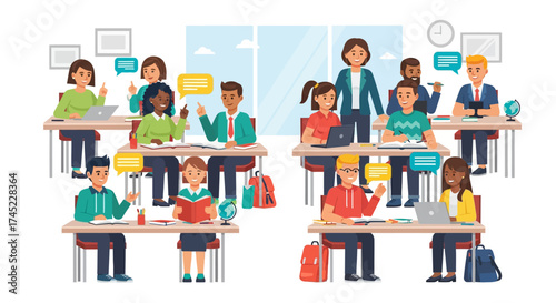 Students and teacher in a classroom setting, learning and interacting.