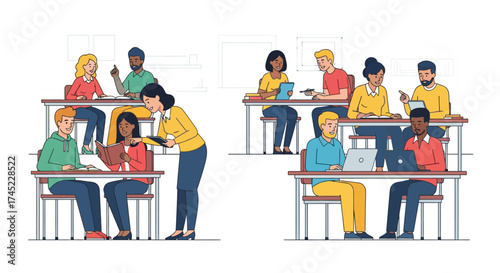 Diverse students engaged in classroom learning with a teacher assisting.