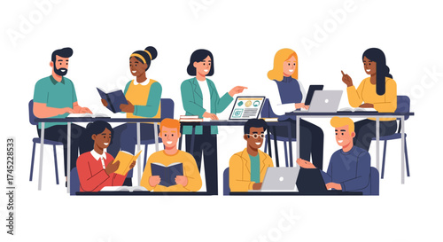 Diverse group of people in a hybrid learning and work environment.