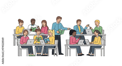 Diverse group of students in a classroom with a teacher.