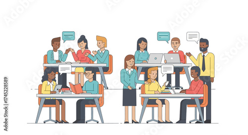 Diverse group of students and teachers in a modern classroom setting.