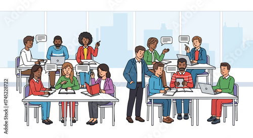 Students and teacher in a classroom setting learning and interacting together.