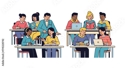 Diverse group of students engaged in classroom learning activities.