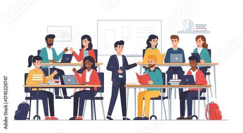 Diverse students learning in a classroom with a teacher.