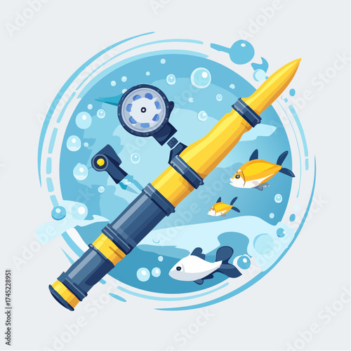 Fishing rod and fish in water bubbles