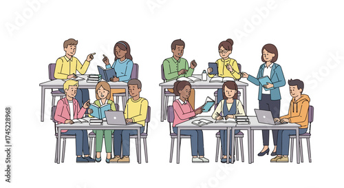 Students engaged in collaborative learning and teamwork in a classroom setting.