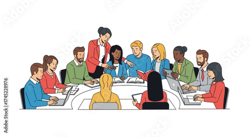 Diverse group of professionals in a collaborative business meeting illustration.