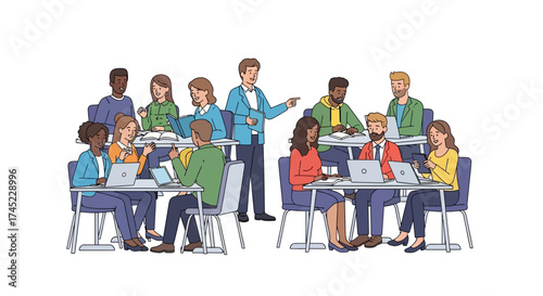 Teacher instructing students in a classroom setting with laptops.