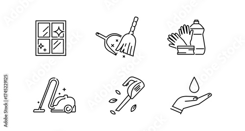 Minimalist cleaning icons: home maintenance and hygiene essentials in linear style