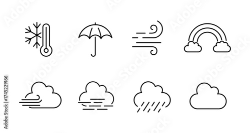 Simple weather icons set featuring cloud, wind, temperature, and rain elements for forecast designs