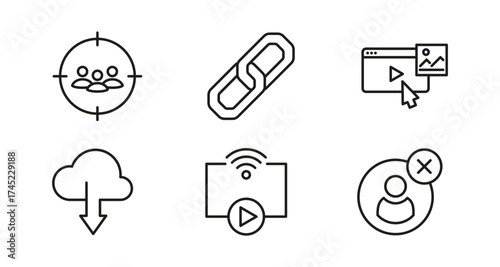 Simple line icons for web and app: target, link, media, download, streaming, profile