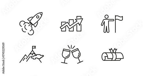 Linear icons of success and achievement featuring rocket, growth chart, and more