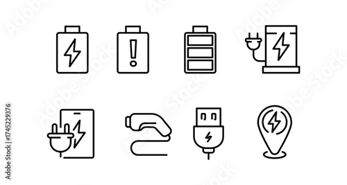 Essential charging and battery icons: modern minimalist line art for mobile and electric devices
