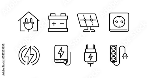 Linear energy icons: home plug, battery, solar panel, outlet, and cable