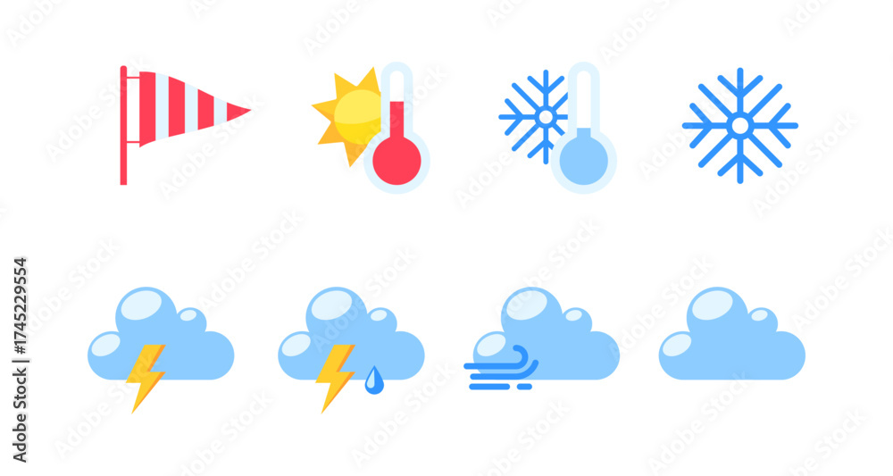 Obraz premium Weather icons set: temperature, wind, sun, snowflake, cloud, lightning