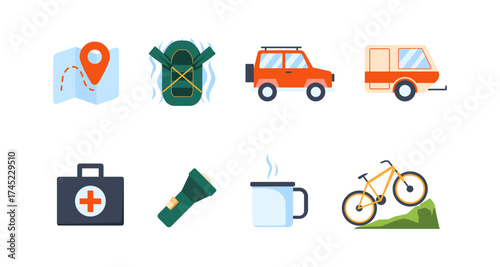 Outdoor adventure icons: camping, hiking, and travel essentials in flat design