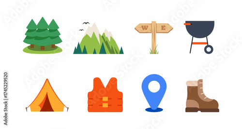 Outdoor adventure icons set featuring tent, mountain, and camping gear