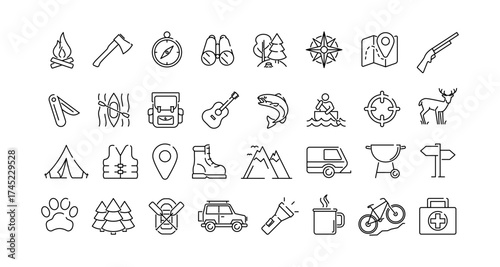 Linear outdoor adventure icons set featuring camping, fishing, and hiking elements