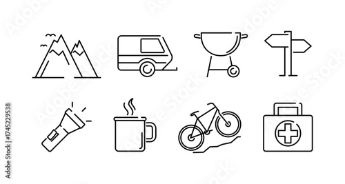 Minimalist outdoor adventure icons: camping, hiking, and travel symbols