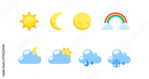 Colorful weather icons set featuring sun, clouds, moon, and rainbow