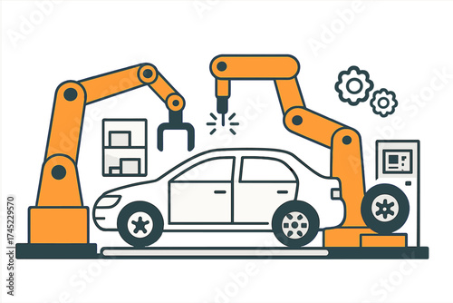 Automated car manufacturing with industrial robotics in a modern factory setup
