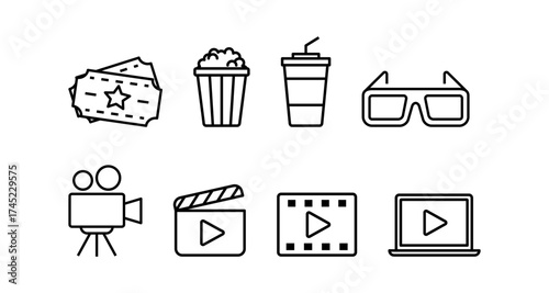 Cinema icons set: minimalist line art collection featuring snacks, glasses, and film elements