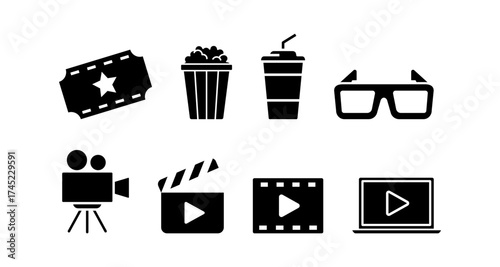 Cinema icons set: movie ticket, popcorn, and film camera symbols in black silhouette style