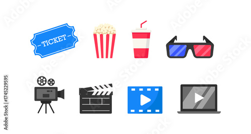 Cinema icons: movie ticket, popcorn, 3d glasses, and more in flat design