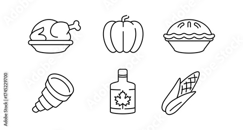 Thanksgiving line art icons featuring turkey, pumpkin, pie, and more festive elements