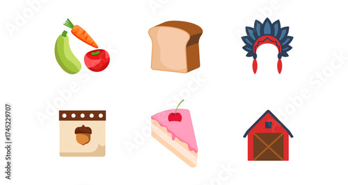 Colorful icons of food, bread, and headdress in minimalist style