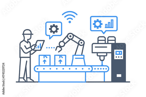 Futuristic neon factory automation with robot and digital display integration