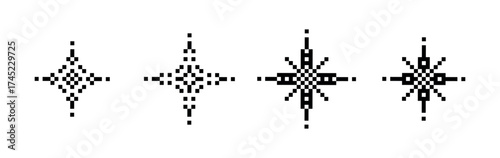 A set of black pixelated stars on a white background. Isolated 8-bit vector illustration.