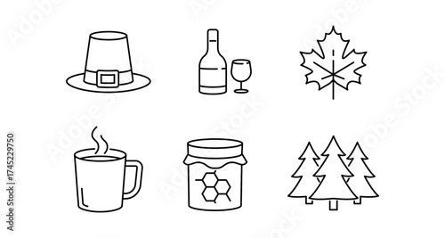 Autumn essentials: outline icons of festive hat, wine, maple leaf, coffee, jam, and trees