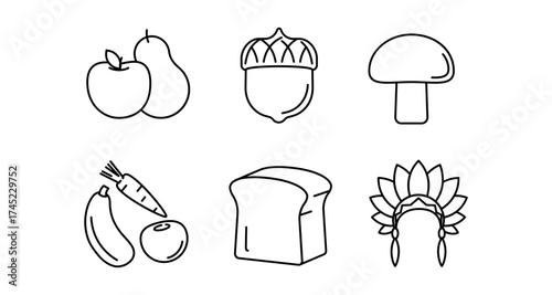 Outline icons of fruit, vegetables, bread, and nature elements