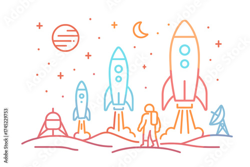 Neon space exploration with rockets and astronaut in outer space