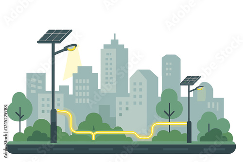 Sustainable city scene with solar-powered streetlights and eco-friendly urban design
